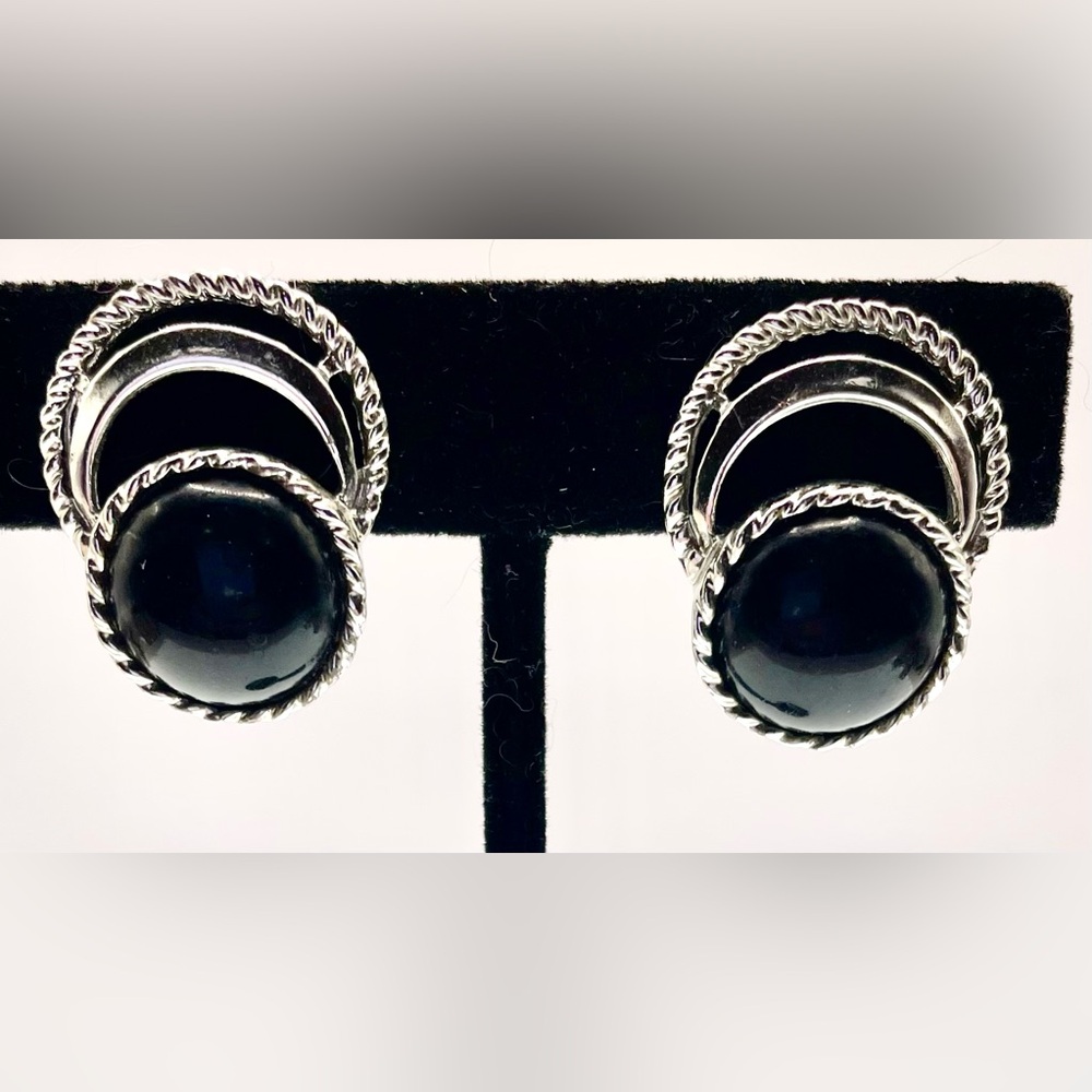3 for $30 VTG Signed SAC Silver Tone Black Cabochon Gem Circles Clip On Earrings